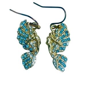 Gold Plated Wings Blue Rhinestone Dangle Drop Costume Earrings